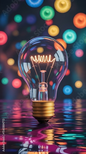 A glowing lightbulb, symbolizing innovation, surrounded by colorful bokeh