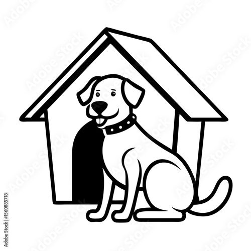 Dog sitting in front of a doghouse