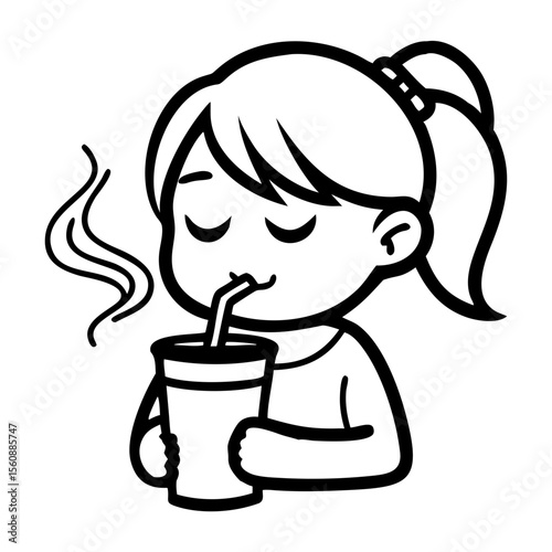 Girl enjoying hot drink with straw while smiling softly  