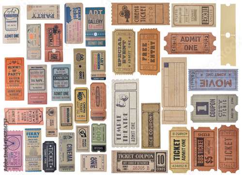 a collection of old vintage ticket isolated on white background