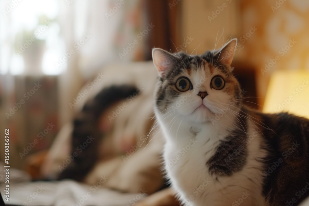 Attentive feline gazes upwards, perched on a cozy bed, with soft, natural lighting accentuating its charming expression. Attentive feline gazes upwards, perched on a cozy bed, with soft, natural lighting accentuating its charming expression.