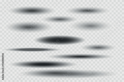 Different realistic round shadow, soft shapes on transparent background. Gray circular and ellipse shadows set. Vector illustration.