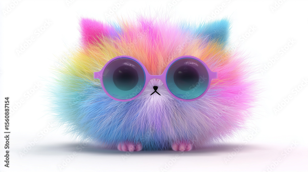 Obraz premium Colorful fluffy cat wearing sunglasses poses playfully against a white background Generative AI