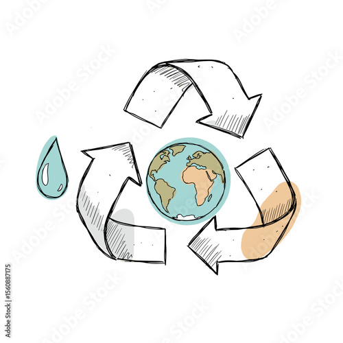 Earth recycling symbol with water drop and arrows in sketch style  