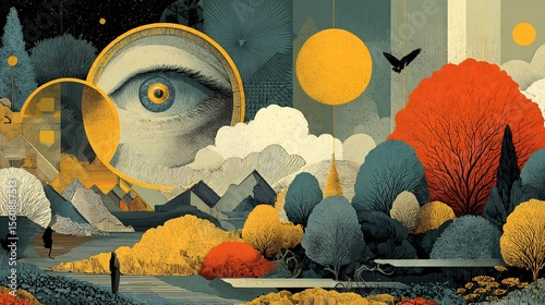 Dual themed cosmic illustration empiricism visualized through magnifying glass senses rationalism via geometric patterns and math dreamlike space background philosophy meets science