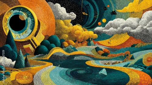 Dual themed cosmic illustration empiricism visualized through magnifying glass senses rationalism via geometric patterns and math dreamlike space background philosophy meets science