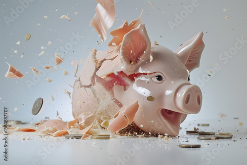 Broken piggy bank scattering coins. Financial setback or lesson learned? Shows fragility of savings and the need for fiscal responsibility.