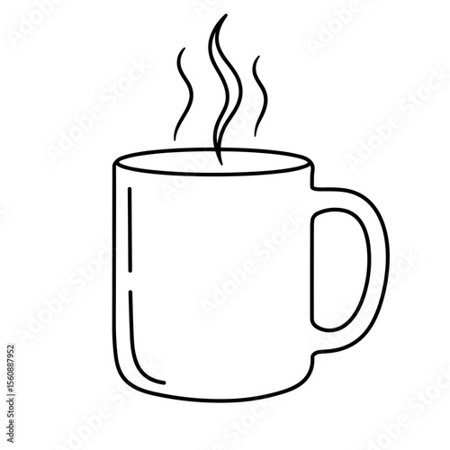 Simple line drawing of steaming coffee mug on white background  