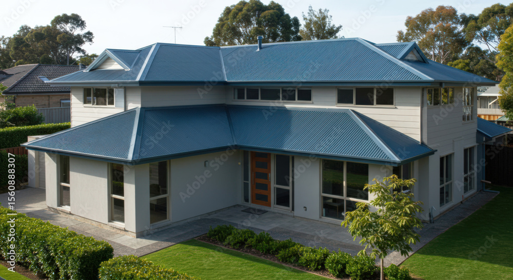 Fototapeta premium modern house exterior with blue roof and garden