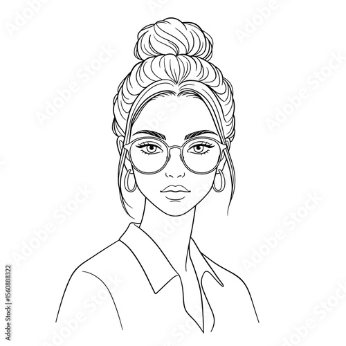 Young woman with glasses and bun hairstyle in minimalist style  