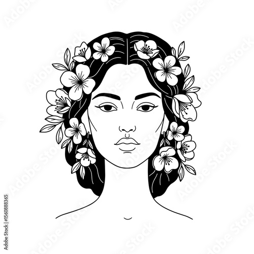 Woman with floral hair decoration in minimalist black and white style  