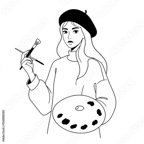 Young woman artist holding palette and brush in minimalist style  
