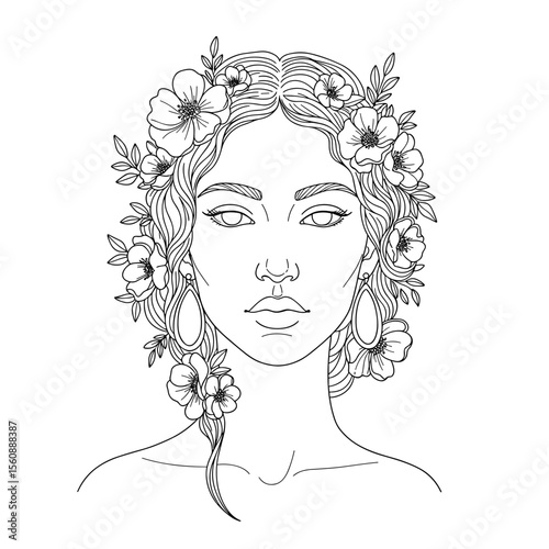 Woman with floral headpiece in linear art style illustration  