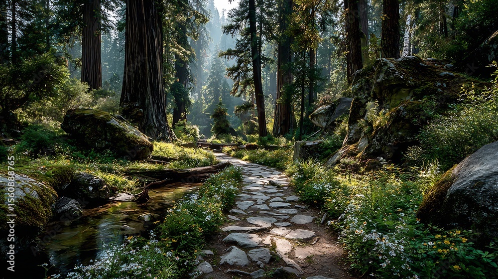 Obraz premium Forest path winding through tall redwoods dappled sunlight earthy ground tones soft green canopy immersive peaceful nature setting