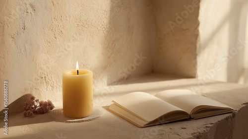 Cozy space featuring a lit candle beside an open blank notebook on a sunlit windowsill in a serene environment during the golden hour Generative AI