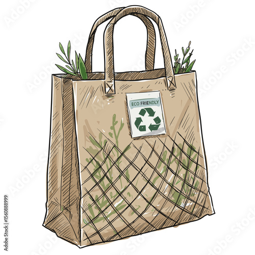 Eco-friendly shopping bag with plants and recycling symbol design  