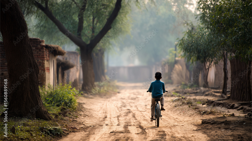 Fototapeta premium Child rides bicycle along dirt path through lush green trees in rural setting during early morning hours Generative AI