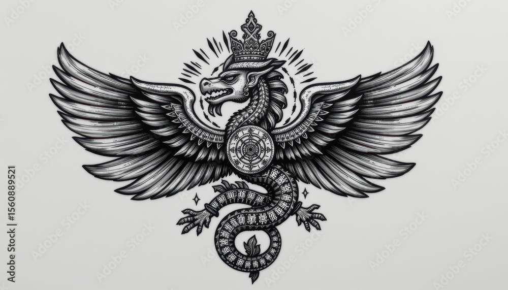 Fototapeta premium cultural motif of an aztec sun deity tattoo, designed in a detailed and realistic style, showcasing the mythical creature quetzalcoatl with its feathered serpent form; black and white