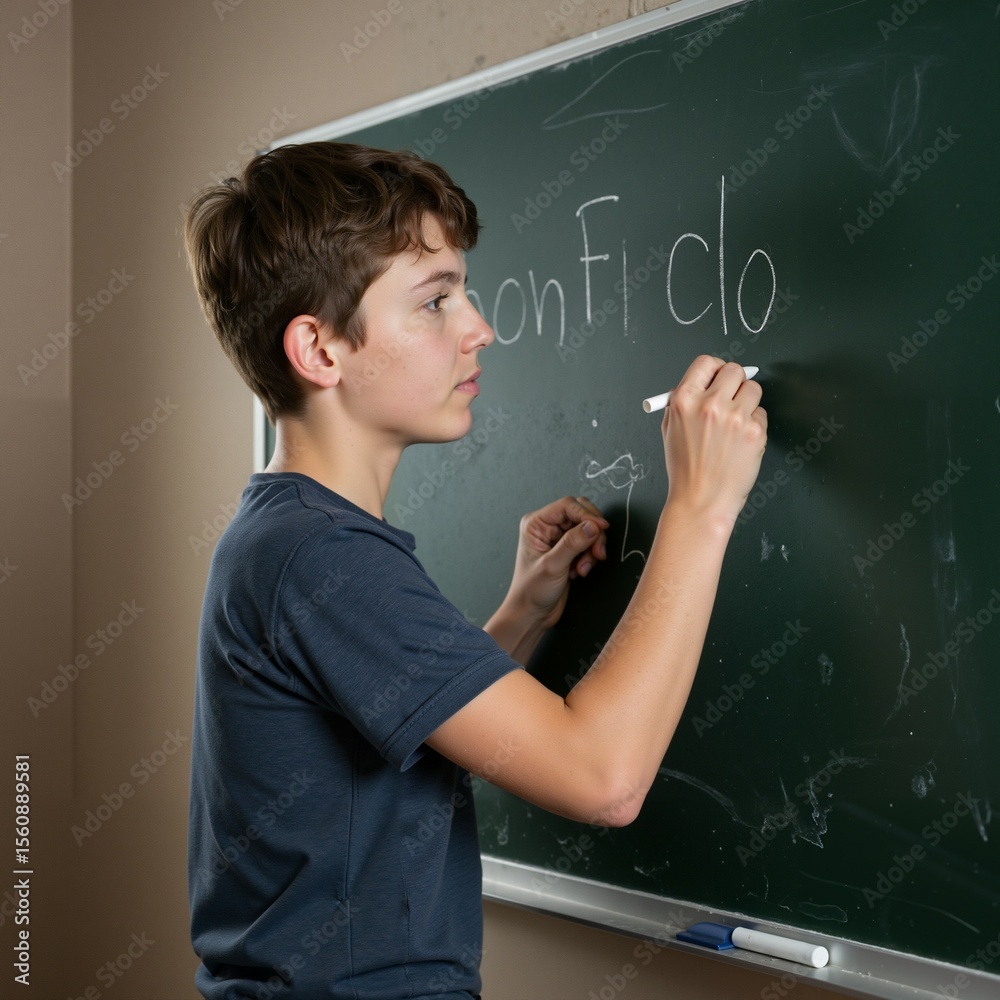 Young boy writing on chalkboard during classroom lesson Young boy writing on chalkboard during classroom lesson