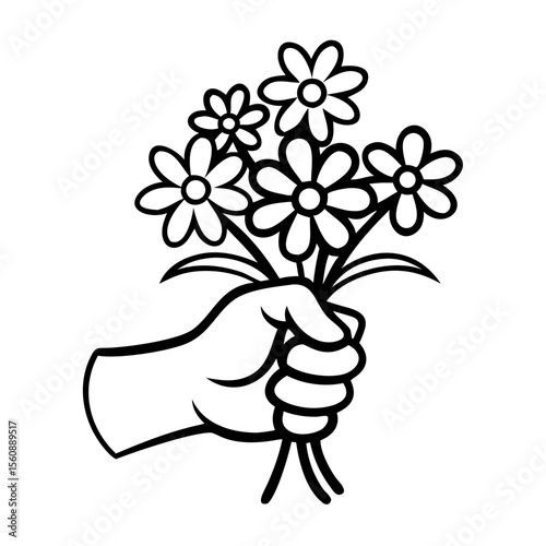 Hand holding bouquet of flowers in simplistic black and white design  