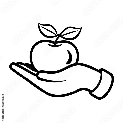 Hand holding an apple with leaves in simple line art style  