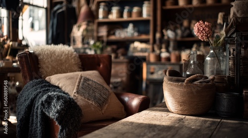 Vintage shop interior with antique displays. Vintage store