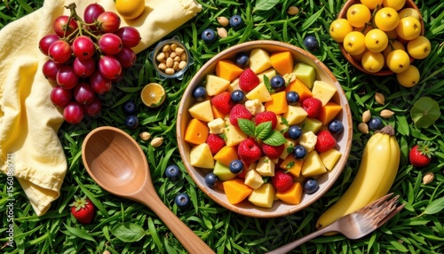 vivid flat lay of a colorful fruit salad on a green grass table background, with bright yellow hues, bright sunlight clarity, bold props such as a large wooden spoon and a bunch of grapes