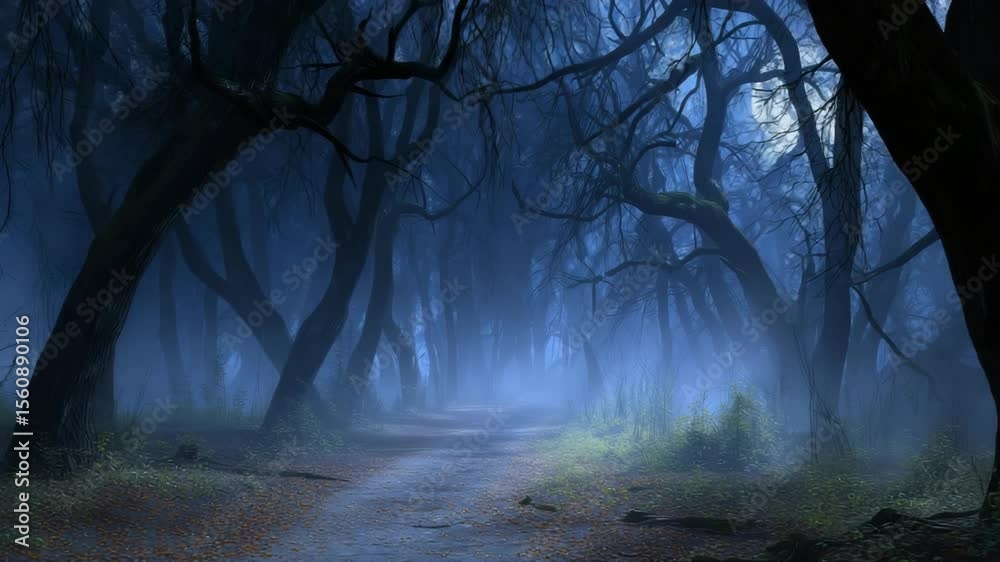 Dramatic forward camera motion into dark misty forest with twisted trees, cold blue color palette, mysterious mood with right copy space, atmospheric cinematic video loop for thriller, suspense, or Ha