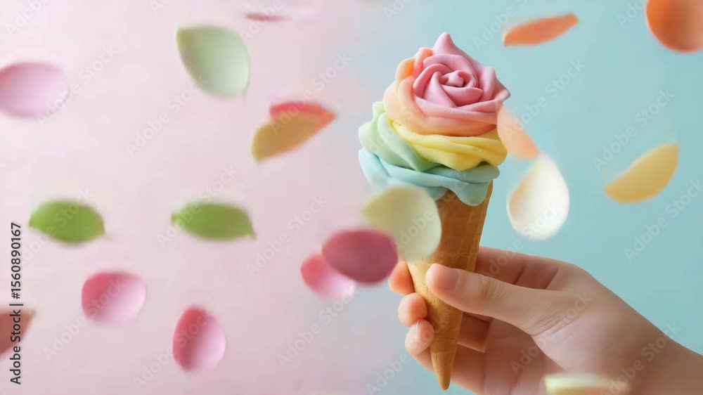 Colorful petals falling around hand holding rainbow rose ice cream cone, pastel background with soft lighting, cheerful and whimsical motion loop with right copy space for summer, dessert, and celebra