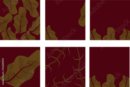 Seamless vector pattern with stylized leaves and branches on a rich burgundy background. Ideal for textiles, wrapping paper, and fall-themed designs, with a hand-drawn, earthy feel.