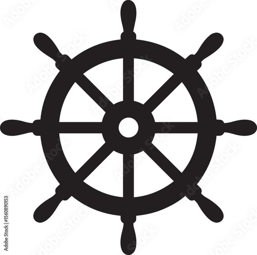 Simple black and white ship's steering wheel graphic.