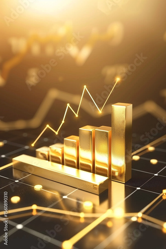 A golden bar graph shows increasing business profits. The graph is set on a grid with a line demonstrating positive business growth.
