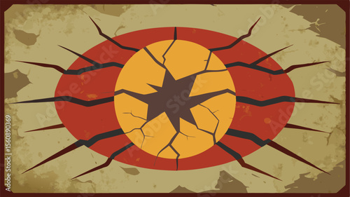 Abstract cracked earth design with a central break and a warm color palette