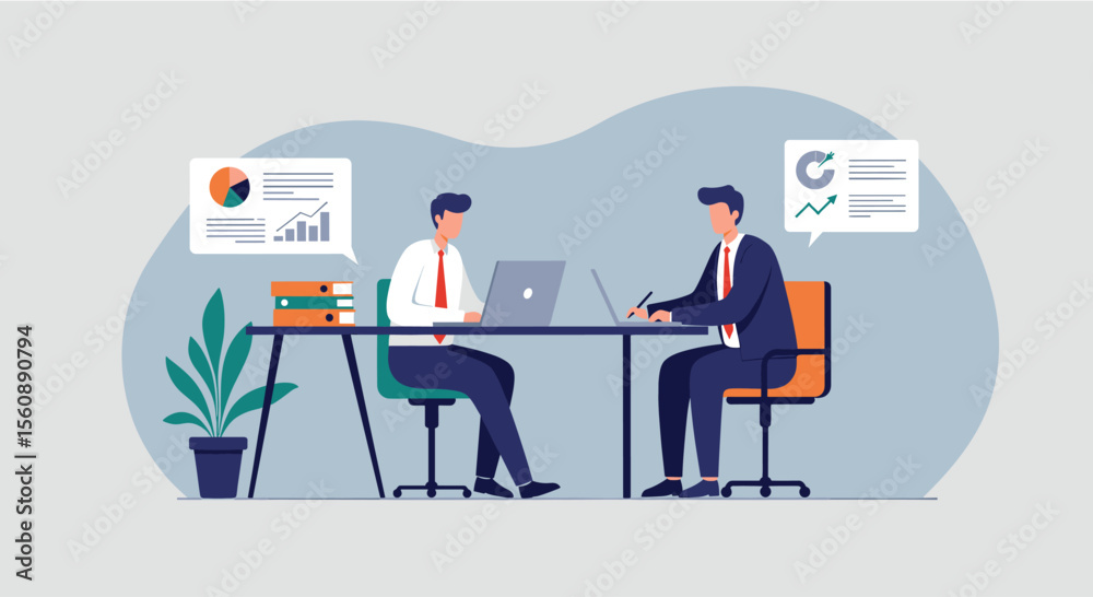 Obraz premium Two business professionals in a modern flat design illustration are collaborating at a desk, analyzing data and charts for a presentation.
