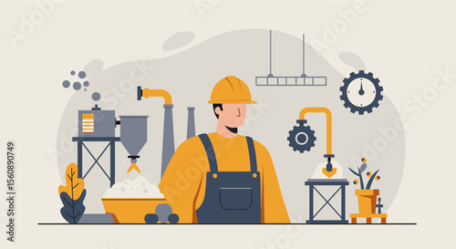 A flat design illustration depicts a factory worker overseeing a manufacturing process, suitable for a website landing page or marketing presentation, emphasizing industrial efficiency.