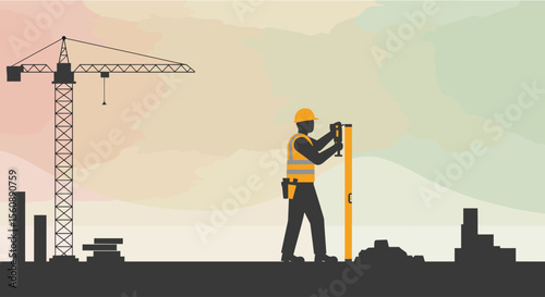 A flat design illustration depicts a construction worker surveying a building site with a crane in the background, showcasing the process of building and development.