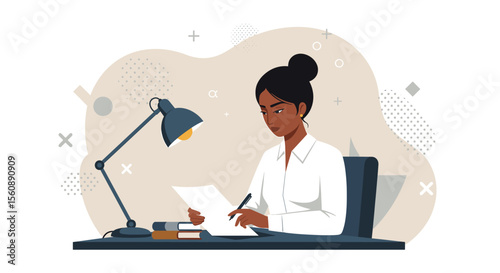 a woman seated at a desk, engrossed in writing on a piece of paper, with a lamp illuminating her workspace. Suitable for landing page, banner, marketing, web design, presentation, infographic, etc.