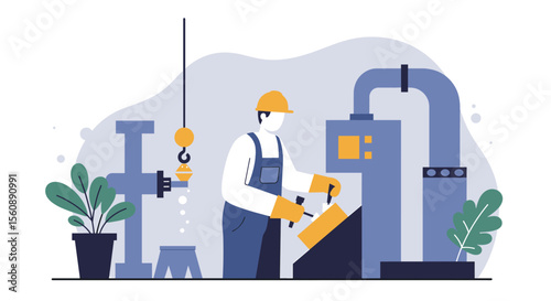 a construction worker in a hard hat and safety vest, actively engaged in work at a construction site. Suitable for landing page, banner, marketing, web design, presentation, infographic, etc.