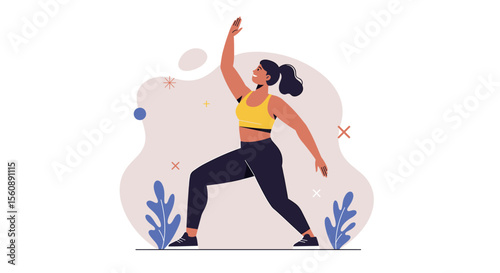 a woman in a yoga pose with her arms raised, wearing a yellow sports bra and black leggings. Suitable for landing page, banner, marketing, web design, presentation, infographic, etc.