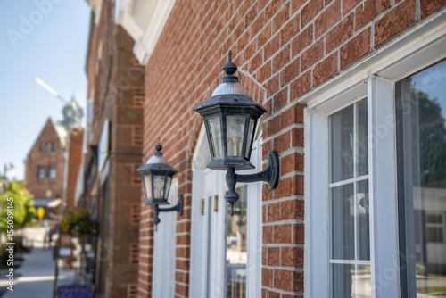 Cuadro en lienzo Exterior sconce light, traditional lantern style, black iron on red brick wall,