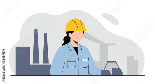 A professional female engineer in a hard hat is depicted in a flat design illustration, set against a modern industrial factory background.