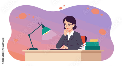 a woman in a business suit seated at a desk, engrossed in thought, with a lamp illuminating her workspace. Suitable for landing page, banner, marketing, web design, presentation, infographic, etc.
