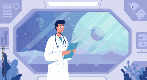 A male doctor in a white coat holds a clipboard inside a futuristic medical center with a view of a planet, depicted in a modern flat design illustration style.