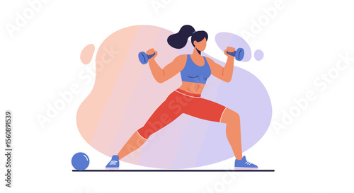 a woman in a fitness routine, performing a lunge exercise with dumbbells in her hands. Suitable for landing page, banner, marketing, web design, presentation, infographic, etc.