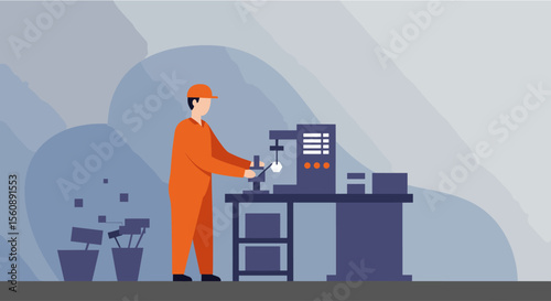 a worker in an orange jumpsuit operating a machine with a control panel. Suitable for landing page, banner, marketing, web design, presentation, infographic, etc.