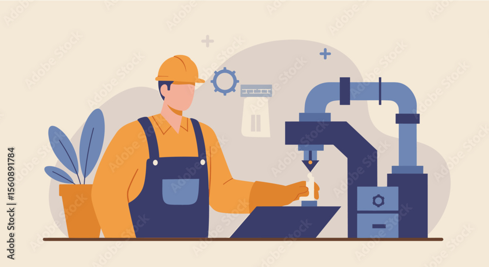 A vector illustration showcasing a factory worker in a flat design style, operating machinery, suitable for a website landing page or marketing banner. A vector illustration showcasing a factory worker in a flat design style, operating machinery, suitable for a website landing page or marketing banner.