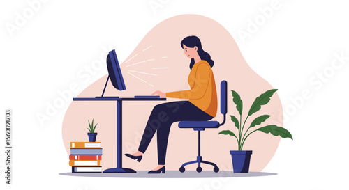 A woman is seated at a desk, working on a computer with a keyboard and mouse in front of her. Suitable for landing page, banner, marketing, web design, presentation, infographic, etc.