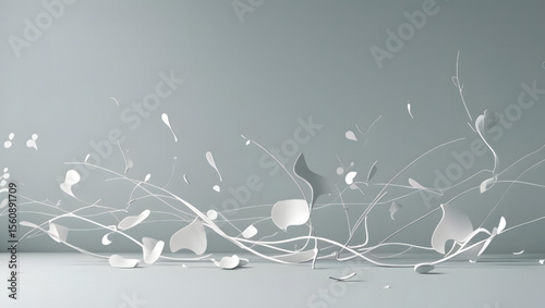 Abstract botanical shapes in white with delicate lines on a soft gray background featuring copy space