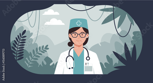 A female doctor with a stethoscope in a jungle setting, representing medical care in remote or challenging environments, flat design.