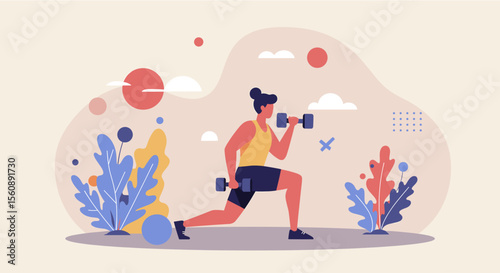 Flat design illustration of a person performing a lunge with dumbbells, promoting fitness and healthy lifestyle for web or presentation.